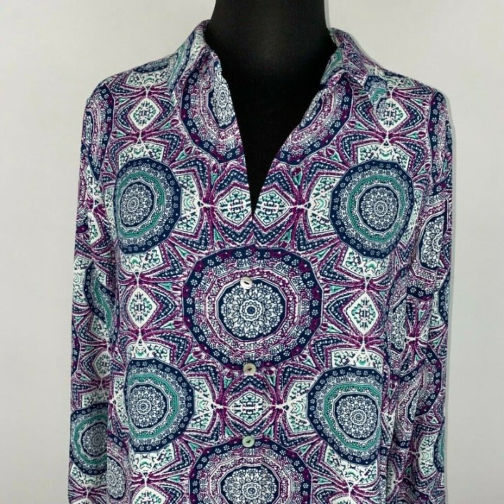 Foxcroft Nyc 8 Patterned Button Down Tunic Top Lo… - image 2